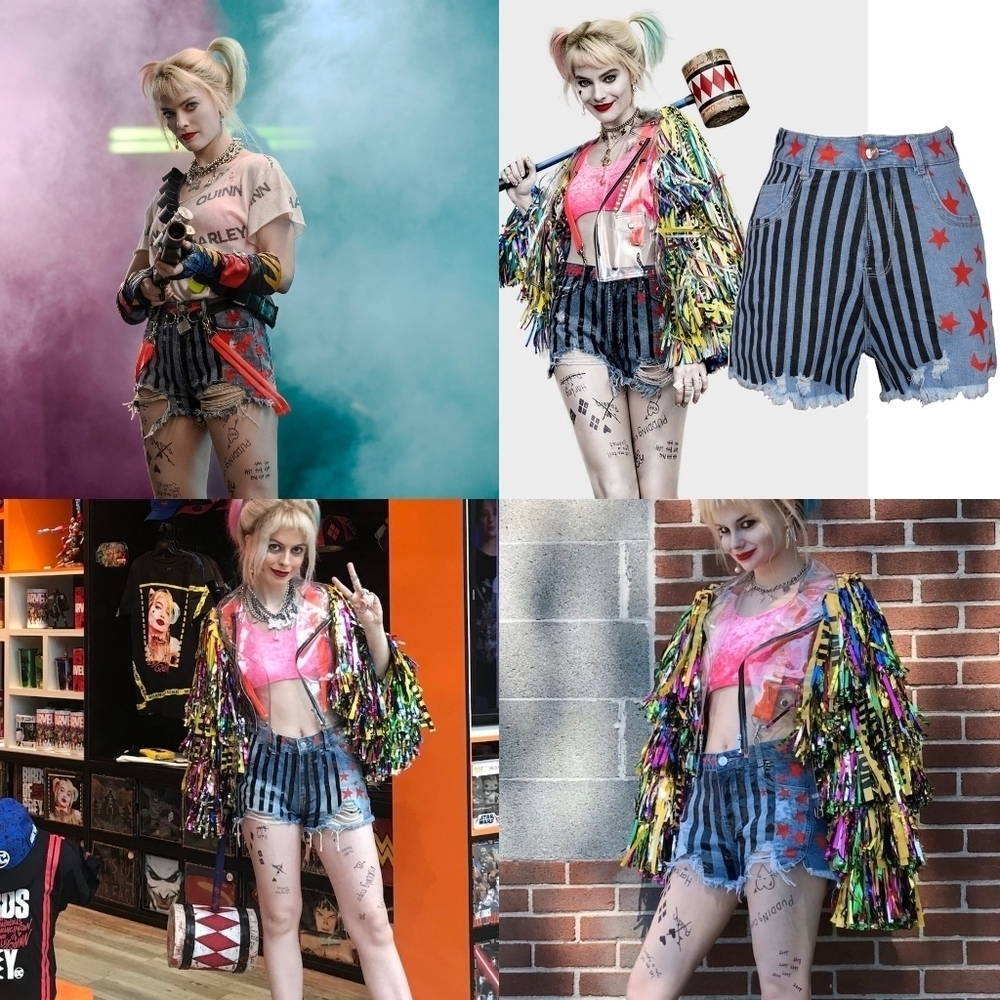 Harley Quinn Birds of Prey Her Universe Black Striped Star Cut-off Denim Shorts